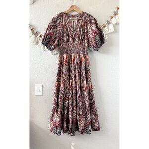 Anthropologie Conditions Apply Abstract Puff Sleeve Tiered Midi Dress Boho 4